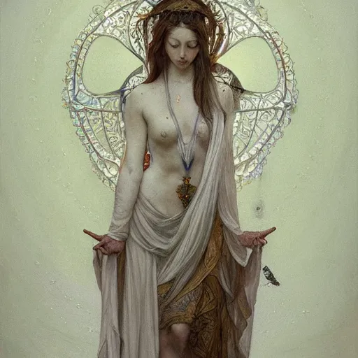 Image similar to a full body portrait of a beautiful ethereal delicate roman catholic bishopress meditative sacral pose catholic stages of the cross, intricate, elegant, highly detailed, digital painting, artstation, concept art, smooth, sharp focus, illustration, art by krenz cushart and artem demura and alphonse mucha