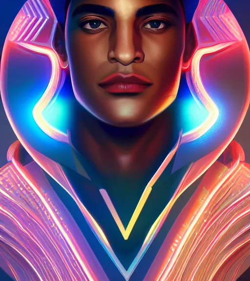 Image similar to symmetry!! egyptian prince of technology, solid cube of light, hard edges, product render retro - futuristic poster scifi, lasers and neon circuits, brown skin man egyptian prince, intricate, elegant, highly detailed, digital painting, artstation, concept art, smooth, sharp focus, illustration, dreamlike, art by artgerm