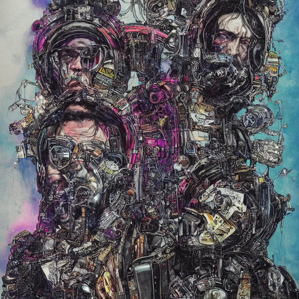 Image similar to A dramatic full-color cyberpunk art nouveau styled bust portrait of lemmy kilmister as a futuristic space punk rebel, hyperdetailed mixed media artwork combining the styles of Travis Charest, Michael Whelan, Bill Sienkiewicz, Duncan Fegredo, Simon Bisley, fineliner illustration, pen and ink drawing, vast power, stoicism, pessimism, confident shaded eyes, tarnished and rusted metal, wrought iron architecture, perfectly symmetrical facial features, 8k, deeply hyperdetailed, cinematic lighting, realistic mechanical details, 8k, UHD, HDR