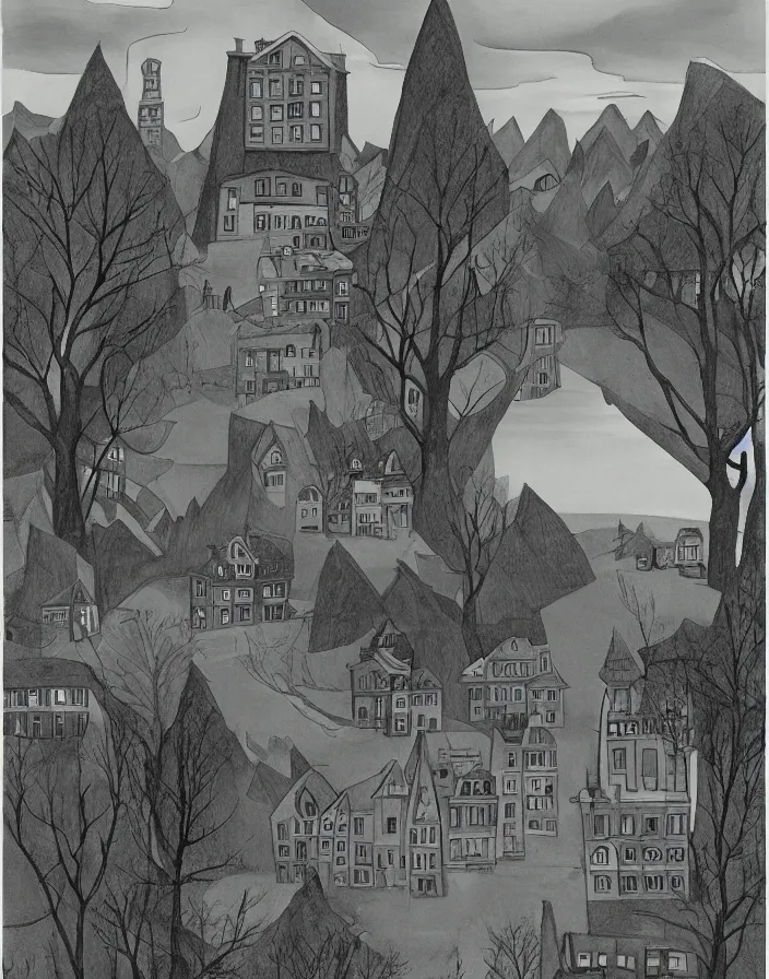 Image similar to a building in a stunning landscape by Charles Addams