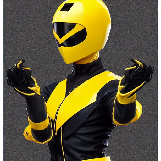 Prompt: symmetry!! yellow ranger, thunderbolt - helmet!!, artstation, art by murata, art by oda echiiro, art by tatsuki fujimoto, lightning helmet, 3 d, jumpsuit, gloves, futuristic poster,