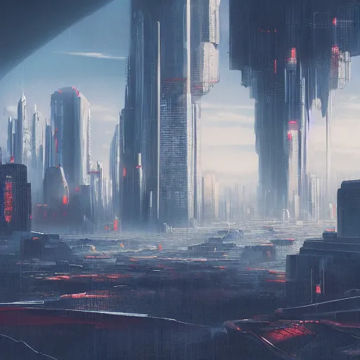 Prompt: a landscape, matte painting, cyberpunk, by par olofsson