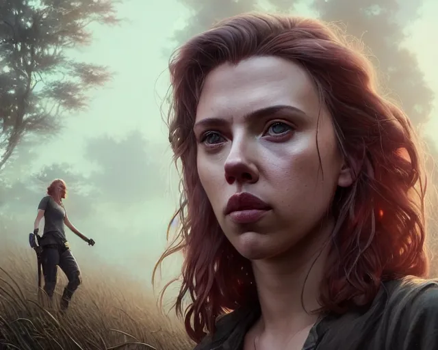 Image similar to highly detailed portrait of scarlett johansson, in the walking dead, stephen bliss, unreal engine, fantasy art by greg rutkowski, loish, rhads, ferdinand knab, makoto shinkai and lois van baarle, ilya kuvshinov, rossdraws, tom bagshaw, global illumination, radiant light, detailed and intricate environment