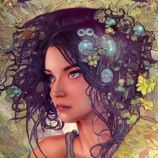 Image similar to cyborg, female, fantasy, bioluminiscence, flowing hair, portrait, highly detailed, digital painting, beautiful eyes, symmetry, concept art, sharp focus, illustration, art by artgerm and greg rutkowski and magali villeneuve and ilya kuvshinov! : : alphonse mucha : : - 0. 2