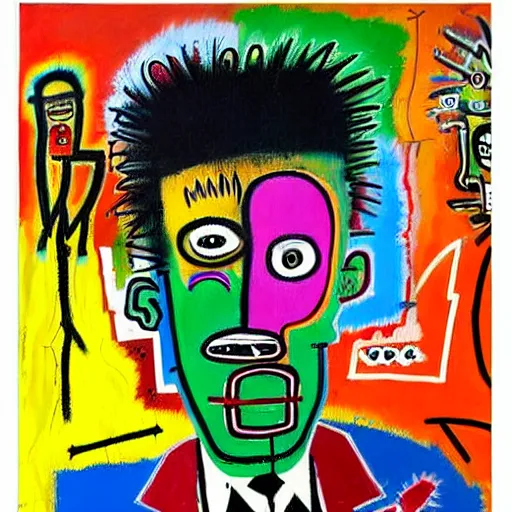 Image similar to colorful odd colors detailed abstract neo expressionism chaotic oil painting of sad boy business man depressed with tattoos by basquiat