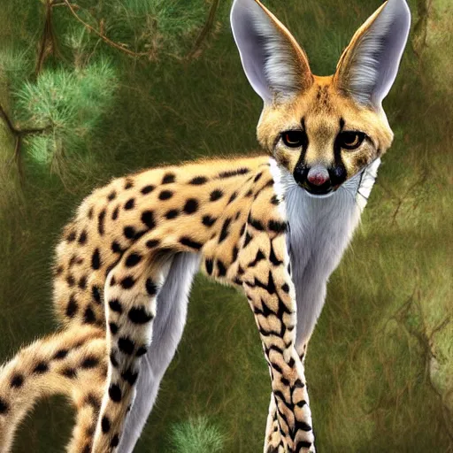 Image similar to photorealistic fantasy digital art of a serval whose torso is extremely long and thin and twisted into a coil, resembling a snake. it is in an oak forest. its tongue is a long forked snake - tongue. realistic high - resolution whimsical image.