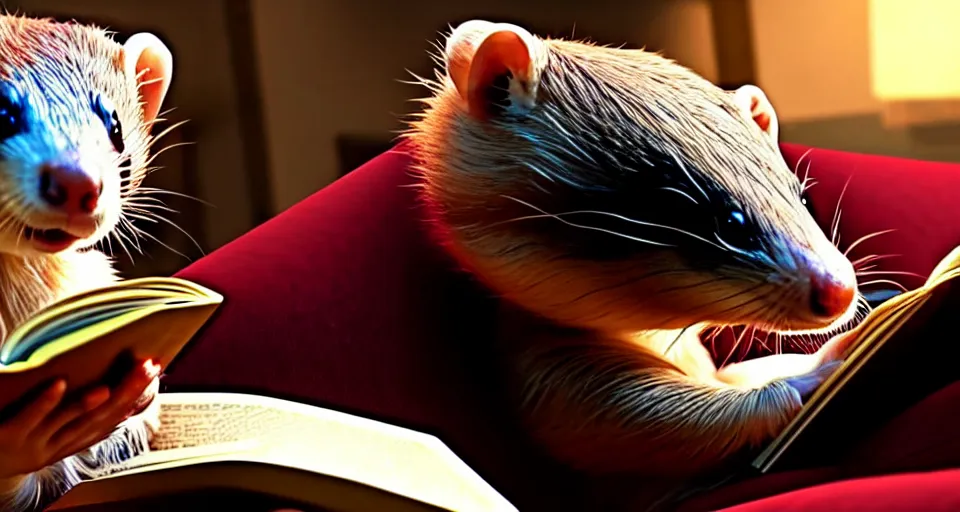 Prompt: An incredibly beautiful scene from a 2022 Marvel film featuring a humanoid ferret reading on a couch. An anthropomorphic ferret person. 8K UHD.