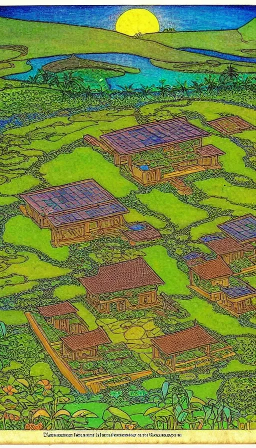 Image similar to ecovillage monastery on hawaii, solarpunk, permaculture, by ivan bilibin,