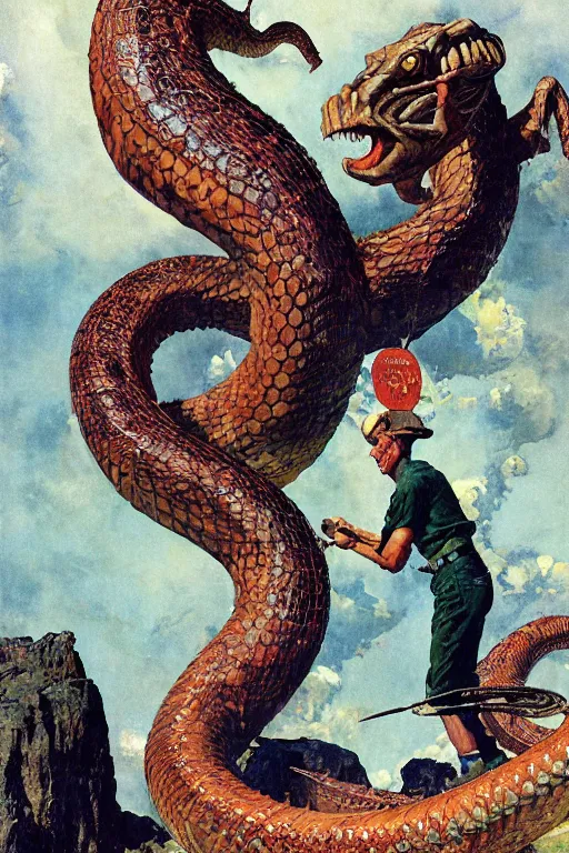 Image similar to giant serpent creature, norman rockwell, jacob collins, tom lovell, frank schoonover, james gurney