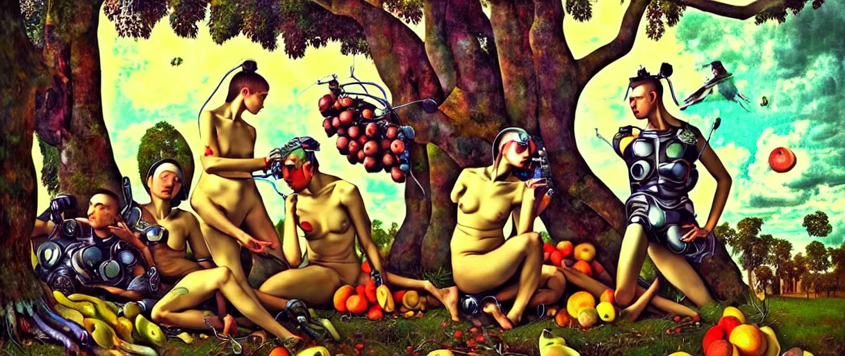 Image similar to minimalist hyperdetailed photorealistic cyborgs under a big tree, eating interesting elaborate fruits. in the style of Caravaggio and Paul Gauguin, with liberty cyberpunk and flemish baroque mixed media elements. beautiful!!!!!!! hyperrealistic soft pastel tones. matte background HD 8x