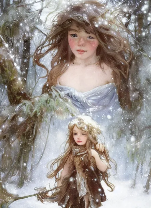 Prompt: A cute little girl with shoulder length curly brown hair and blue eyes and a hair expression. She is standing in a snowy forest trying to catch snowflakes. beautiful fantasy art by By Artgerm and Greg Rutkowski and Alphonse Mucha, trending on artstation.