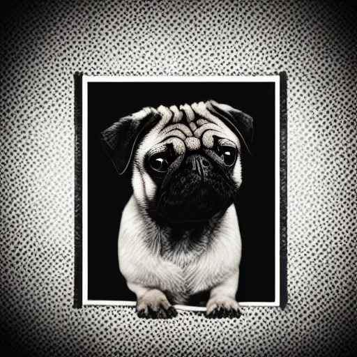 Image similar to pug dog with an emo haircut on a record cover, intricate detail, high contrast, studio photo, well lit,