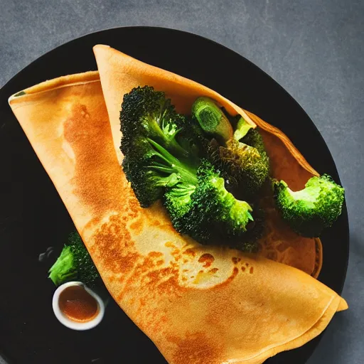 Prompt: fluffy crepes filled with freshly - caught salmon and fresh broccoli, 8 k resolution, food photography, studio lighting, sharp focus, hyper - detailed