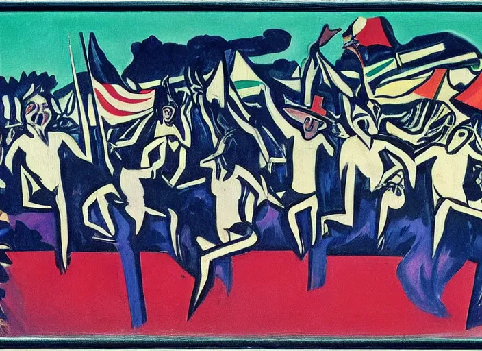 Image similar to a surreal painting of imperialism in the style of Ernst Ludwig Kirchner, facebook, fascist, USA, 1984, aesthetically pleasing composition, masterpiece, 4k, 8k, ultra realistic, dramatic lighting, smooth, sharp focus, extremely detailed