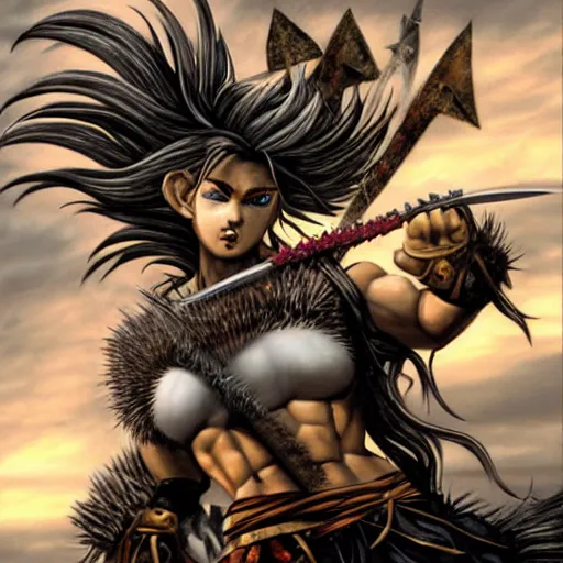 Image similar to realistic art style, warrior girl, muscular girl, wild spiky black saiyan hair, long spiky hair, electrified hair, holding scimitar made of bone, scimitar, sword, jagged sword, curved sword, orkish sword, colorized, gray skin, hyper - detailed, primeval fantasy, prehistoric fantasy, art by jacques - louis david