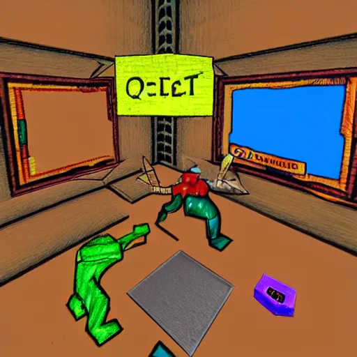 Image similar to children's crayon drawing of quake iii area deathmatch, fps, video game screenshot