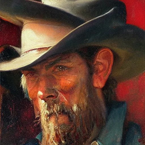 Image similar to Solomon Joseph Solomon and Richard Schmid and Jeremy Lipking victorian genre painting portrait painting of Hank Williams Sr a rugged cowboy gunfighter old west character in fantasy costume, red background