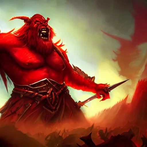 Prompt: red orc warrior, red theme lighting, battlefield background, in hearthstone art style, epic fantasy style art, fantasy epic digital art, epic fantasy card game art