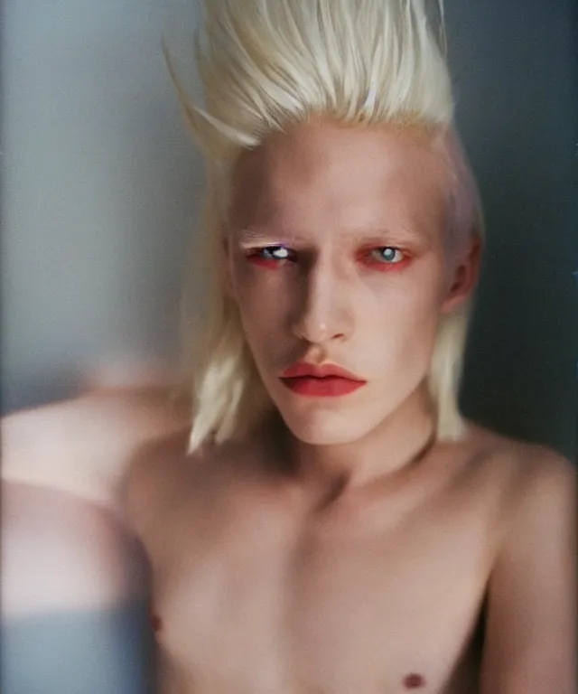 Image similar to a color photograph of a non binary model, platinum blonde, by nan goldin, intense, bold, hyperrealistic, ultra sharp, extra details, ultra high quality, trending on pinteresst