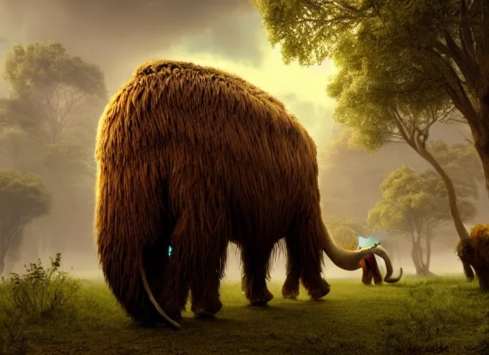 Image similar to hyperrealism, detailed textures, photorealistic, 3 d render, a surreal mystical wooly mammoth grazing, ultra realistic cinematic, intricate, cinematic light, concept art, illustration, art station, unreal engine