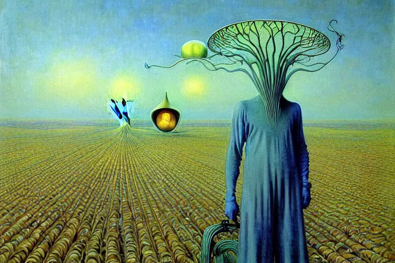 Prompt: realistic detailed portrait painting of a ghost farmer, single house in a plain field and single ufo in the background, futuristic sci-fi forest by Jean Delville, Amano, Yves Tanguy, Alphonse Mucha, Ernst Haeckel, Edward Robert Hughes, Roger Dean, rich moody colours, blue eyes