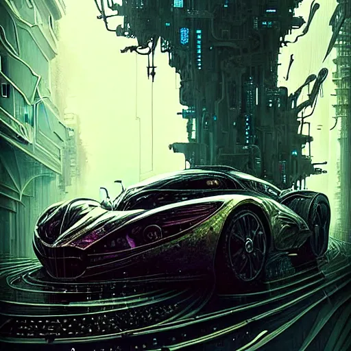 Image similar to shiny cyberpunk vehicle reminiscent of fast car with robotic enhancements parked in ancient mystic woods, gothic and baroque, brutalist architecture, ultradetailed, creepy ambiance, fog, artgerm, giger, Intricate by Ellen Jewett and Josan Gonzalez and Giuseppe Arcimboldo