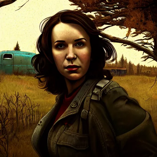 Image similar to fallout 5, charismatic brunette female protagonist, portrait, outdoors scene, somewhere in a low density rural town, retro rusted cars, atmospheric lighting, painted, intricate, volumetric lighting, beautiful, daytime, sunny weather, slight overcast, sharp focus, deep colours, ultra detailed, by leesha hannigan, ross tran, thierry doizon, kai carpenter, ignacio fernandez rios
