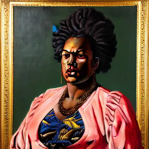 Image similar to A portrait of a thick powerful and gorgeous non-binary person, dark black skin tone, oil painting by Kehinde Wiley, majestic, detailed, high resolution