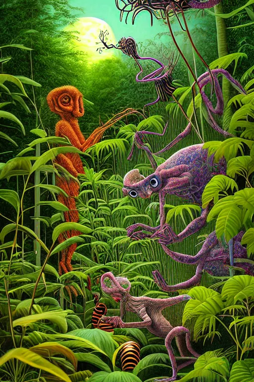 Prompt: a hyperrealistic painting of a tranquil evening at the botanical garden, creatures emerging from the thickets and bushes. cinematic horror by jimmy alonzo, the art of skinner, chris cunningham, lisa frank, richard corben, highly detailed, vivid color,