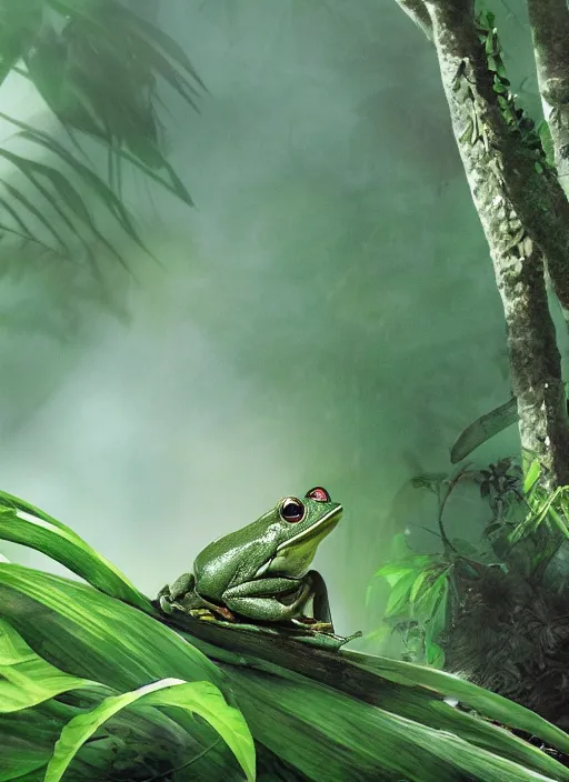 Image similar to a beautiful matte painting of a green frog in the jungle, kambo