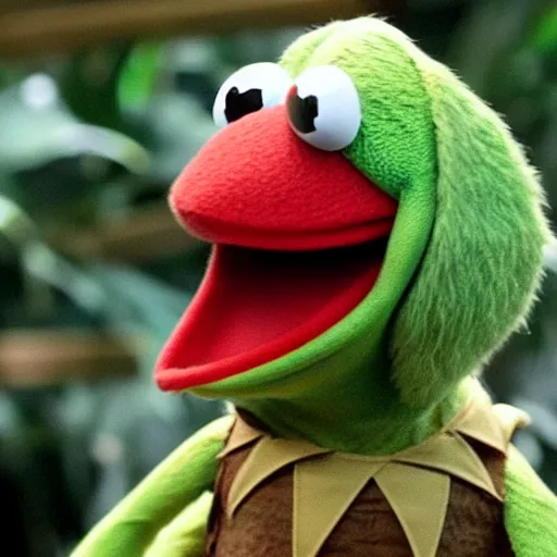 Prompt: kermit the frog in Jurassic World