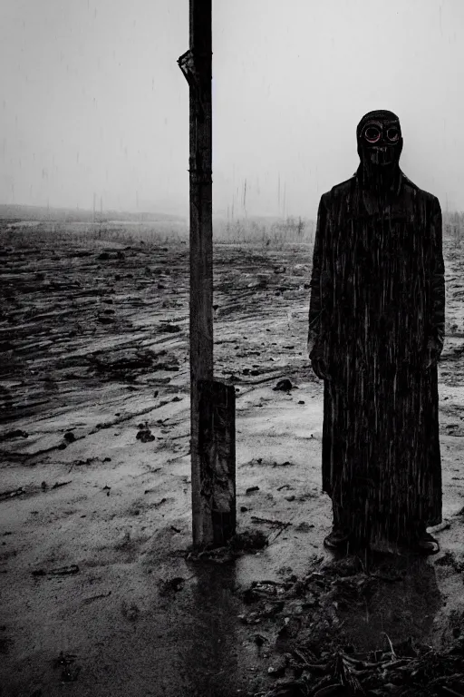 Image similar to the grotesque masked face of the watcher standing in a post apocalyptic wasteland, epic scene, dark, wet, dismal, grotesque mask, horror vibe, twilight, dark, dusk, stormy, black and white, atmospheric, moody lighting, grainy, gritty, epic