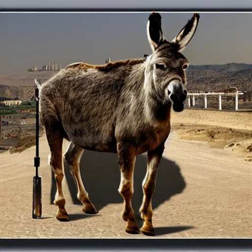 Image similar to donkey sitting on benjamin netanyahu picture, photorealistic, detailed, photograph