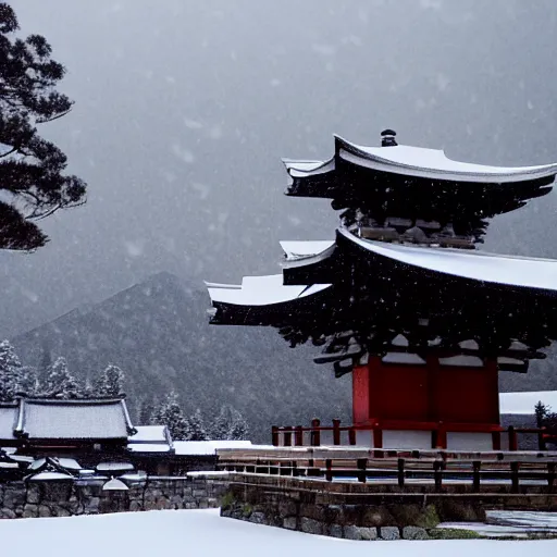 Image similar to a monolithic japanese temple on a snowcapped mountain. snowing, grainy, overcast sky.