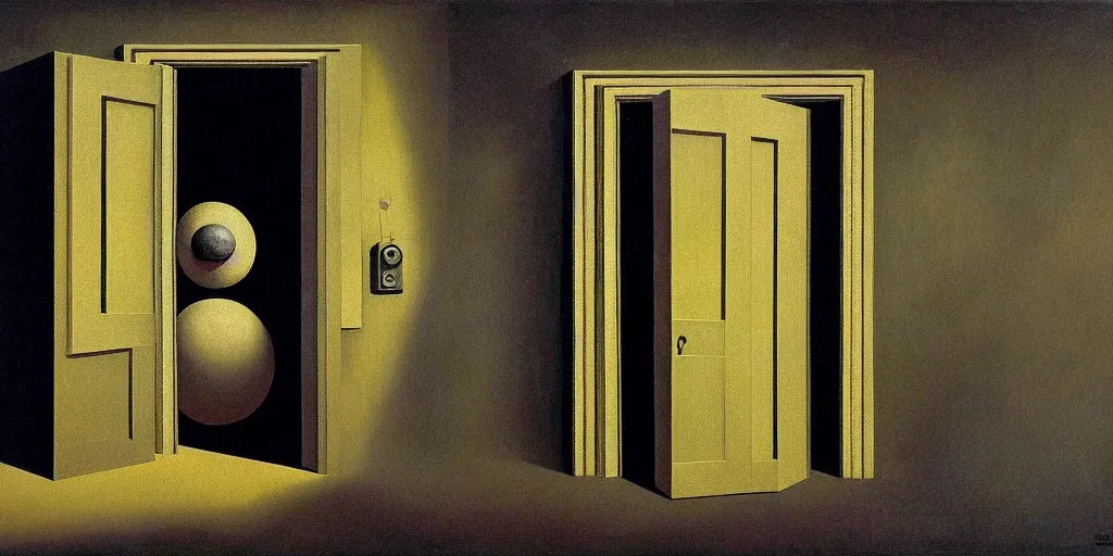 Image similar to A door that opens to another dimension by Richard Corben, by by René Magritte, surrealism, gothic, baroque