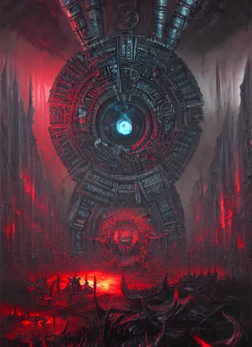 Image similar to wide shot of a warp portal, chaos demons emerging, blood runes glowing, intricate, warhammer, warhammer 4 0 k, highly detailed, digital painting, concept art, sharp focus, illustration, muted colors, grim dark, moody, gloomy, art by john blanche, by pedro nunez, by jaime martinez, by nacho molina