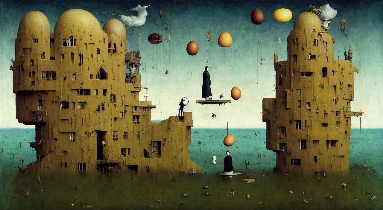 Image similar to single flooded simple!! egg tower, very coherent and colorful high contrast masterpiece by norman rockwell franz sedlacek hieronymus bosch dean ellis simon stalenhag rene magritte gediminas pranckevicius, dark shadows, sunny day, hard lighting