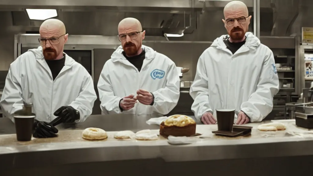 Prompt: walter white and jesse pinkman working at cinnabon, film still from the movie directed by denis villeneuve