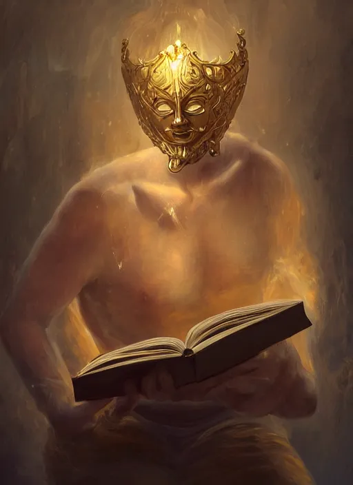 Image similar to Magic Floating Thespian Mask reading a book, no body, bodyless, floating mask, Ivan Aivakovsky, Boris Vallejo, epic fantasy character art, D&D Concept Art, full length, Realistic, Regal, Refined, Detailed Digital Art, Oil Paining, Exquisite detail, post-processing, masterpiece, Cinematic Lighting, Unreal Engine, 8k, HD, Stanley Artgerm Lau, WLOP, Rossdraws, Frank Frazetta, Andrei Riabovitchev, Marc Simonetti, trending on artstation flawless