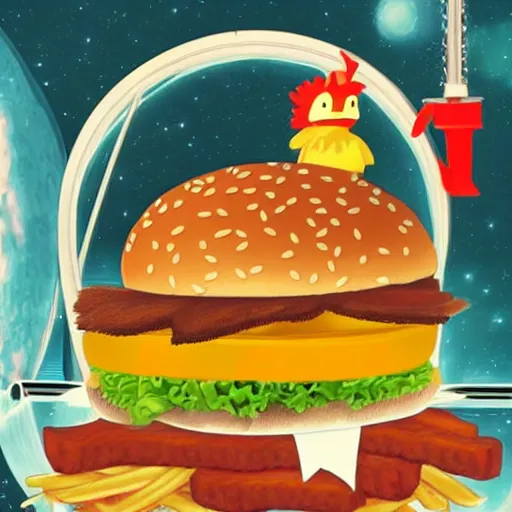 Prompt: a humanoid chicken!!!!! eating a burger while floating inside of a space station, golden ratio!!!!!, centered!!!!!, artstation, cgsociety contest winner, 4 k quality, digital art, anime style, studio ghibli!!!!!