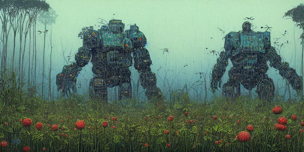 Prompt: grainy risograph matte painting of gigantic huge mech covered with wounds, blue, exotic vegetation, trees, flowers, tall grass, pastel matte colors, staying in the foggy huge swamp covered with web and cotton, fireflies, by moebius, hyperrealism, intricate detailed