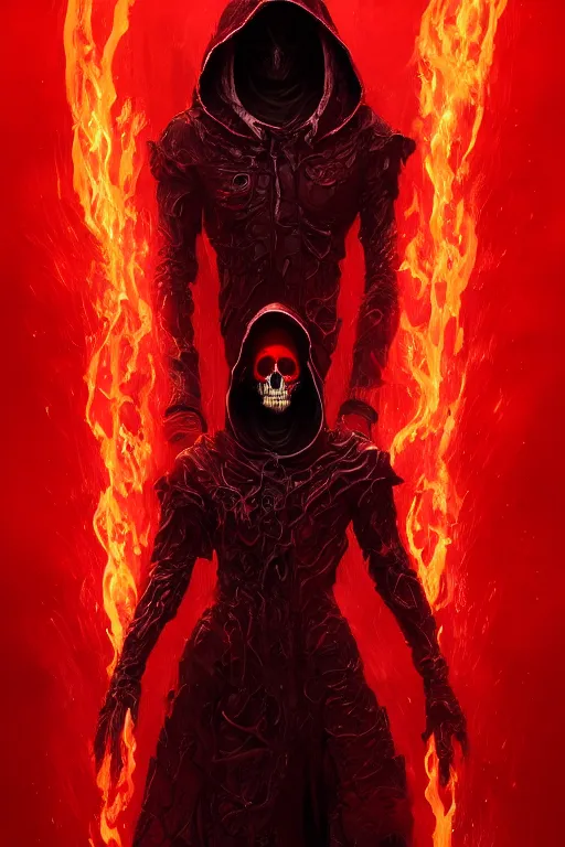 Image similar to A full body portrait of a mysterious character with a flaming skull with a very long hooded blood red and black cloak, tentacles coming out the ground art by Maciej Kuciara, and Cedric Peyravernay, ominous, cosmic horror, trending on artstation, Ultra detailed, hyper realistic 4k