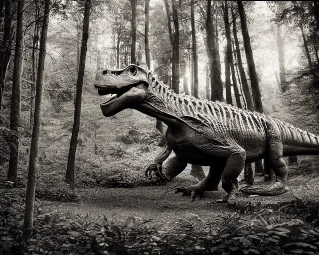 Image similar to hyper realistic vintage photograph of a real dinosaur in a forest, ultra detailed, grain, old, monochrome, sepia toned, realistic lighting, wide angle