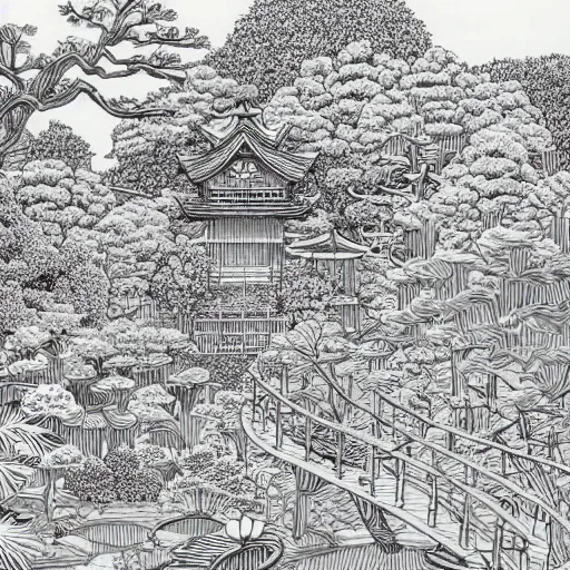 Prompt: japanese magical garden, 0. 3 mm black fineliner, doodle, monochromatic, textless, scanned image