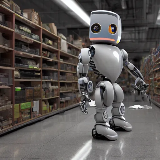 Image similar to robot forces old amazon employee to clean up aisle, photorealistic, trending on artstation, high resolution, vray, 8 k, dramatic lighting, octane render, weta digital, micro details, 3 d sculpture, structure, ray trace