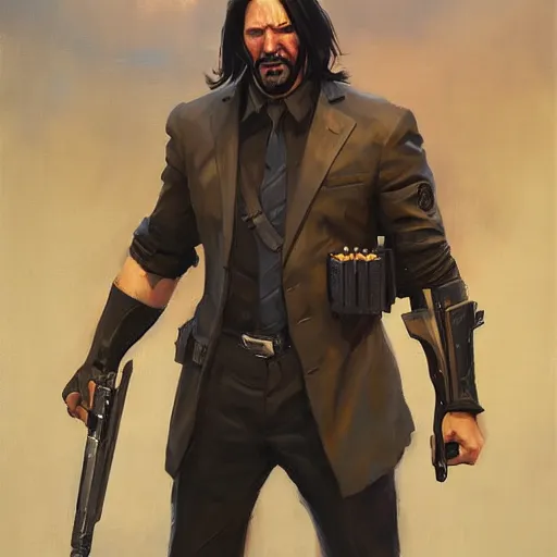 Image similar to greg manchess portrait painting of partially armored john wick as overwatch character, medium shot, asymmetrical, profile picture, organic painting, sunny day, matte painting, bold shapes, hard edges, street art, trending on artstation, by huang guangjian, gil elvgren, ruan jia, greg rutkowski, gaston bussiere