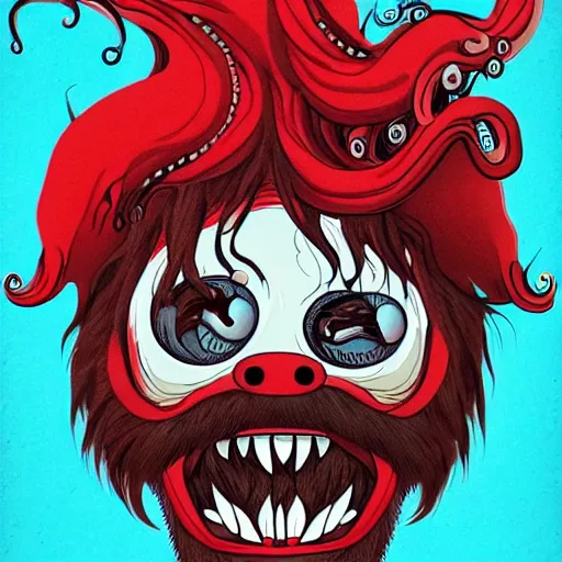 Image similar to bearded man with living teeth and tentacles in the style of the horror film The Thing 1982