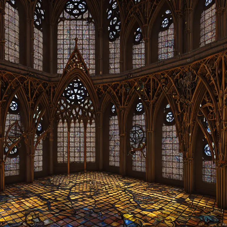 Prompt: celestial cathedral atrium, hanging gardens, stained glass, gothic, neo - gothic, art nouveau, hyperdetailed copper patina medieval icon, stefan morrell, daniel merriam, james jean, concept art, aetherpunk, unreal engine, detailed intricate environment, octane render, godrays, volumetric lighting, ultrasharp, majestic, ethereal