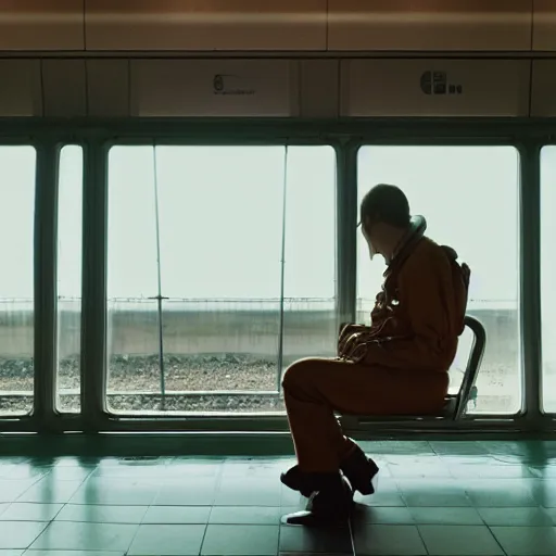Image similar to a beautiful photo of an astronaut waiting in a train station, 1970', soft light, morning light, photorealistic, realistic, octane, 8k, cinematic shot