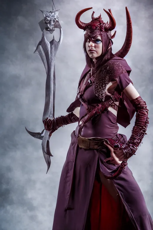 Image similar to a female DND tiefling, high resolution film still, 8k, HDR colors, cosplay, studio lighting